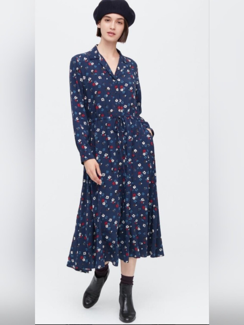 Ines De La Fressange + Uniqlo Dress, Size XS, Blue Drawstring, Blue Floral